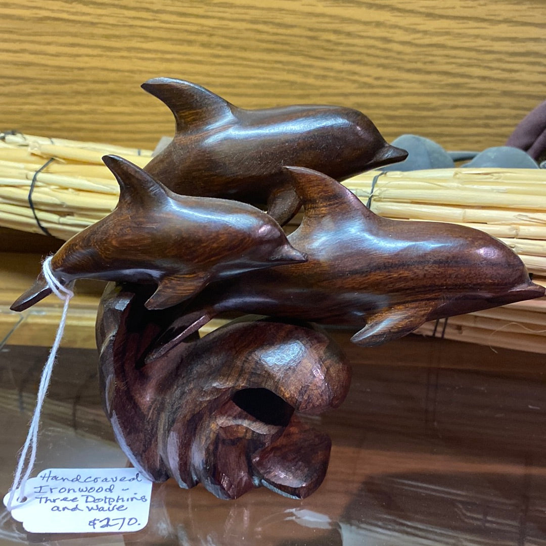 Hand-carved Ironwood Three Dolphins and Wave by Seri