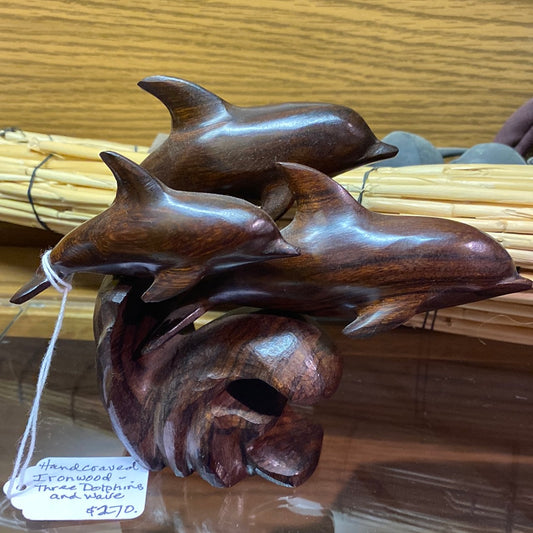Hand-carved Ironwood Three Dolphins and Wave by Seri